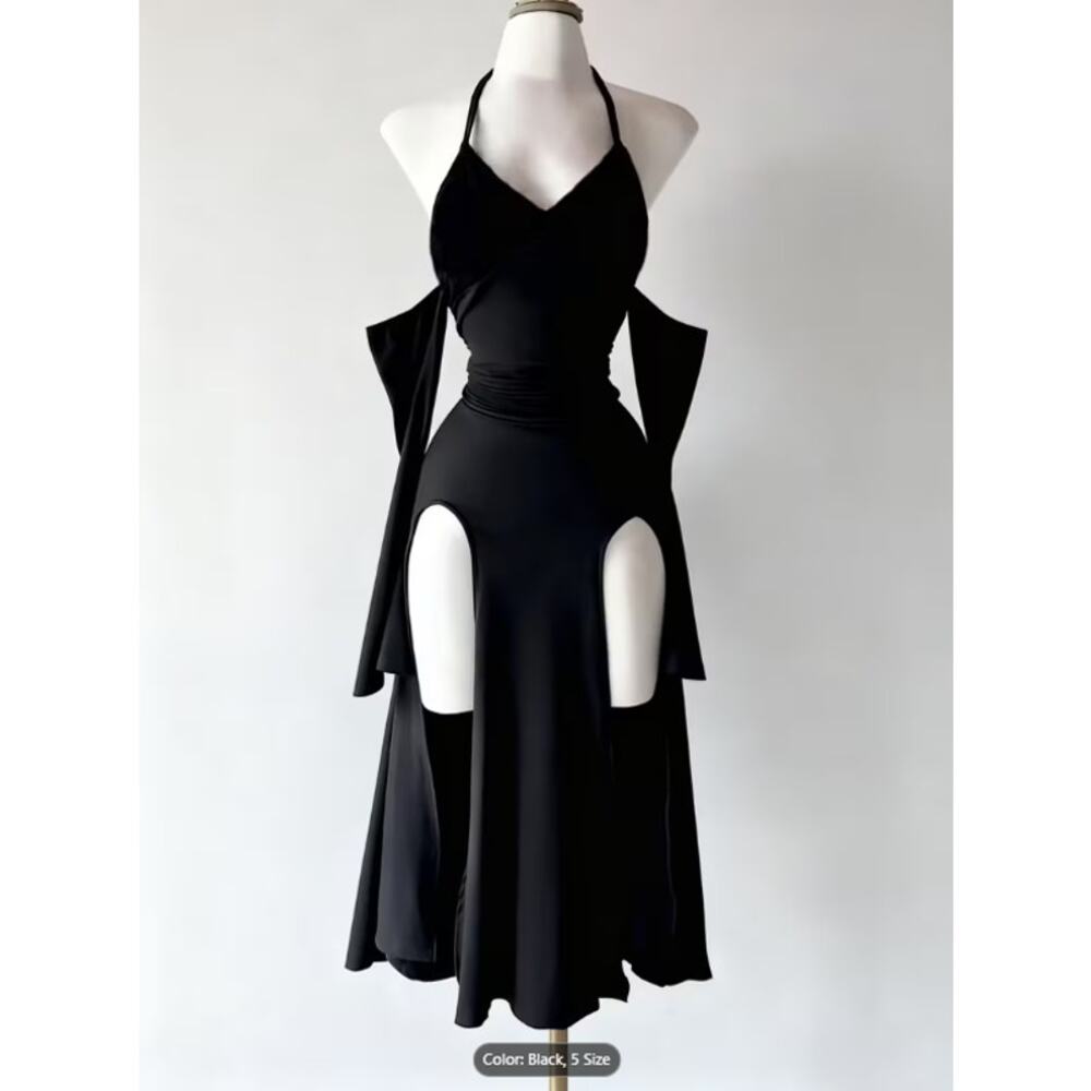 Dark Gothic Style Halter Neck Dress High Slit Cutout Gothic Evening Gown - Picture 2 of 4